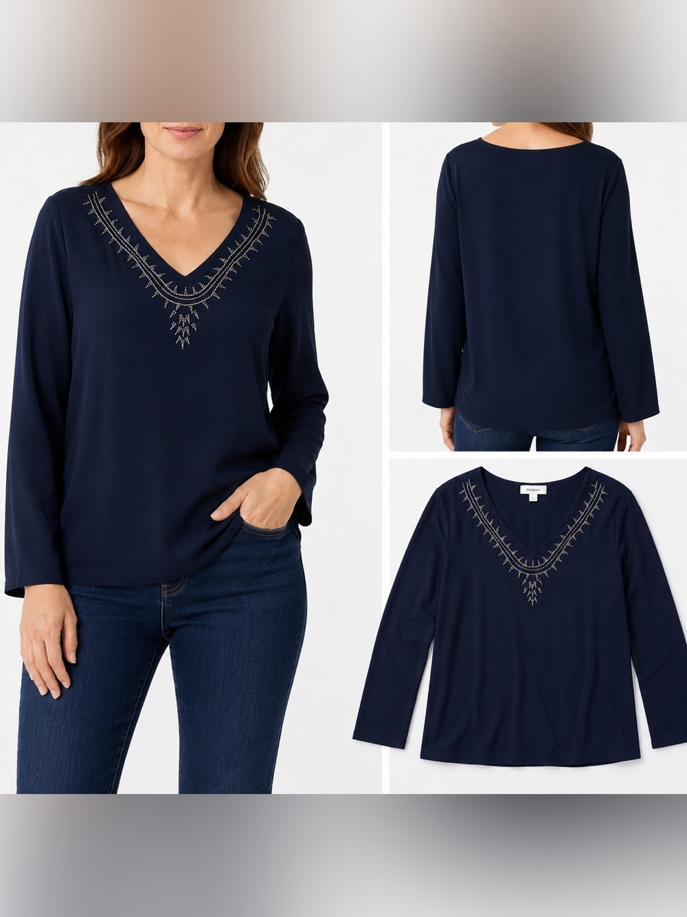 Dress Barn Midnight Blue V-Neck Blouse with Embroidery Size Small